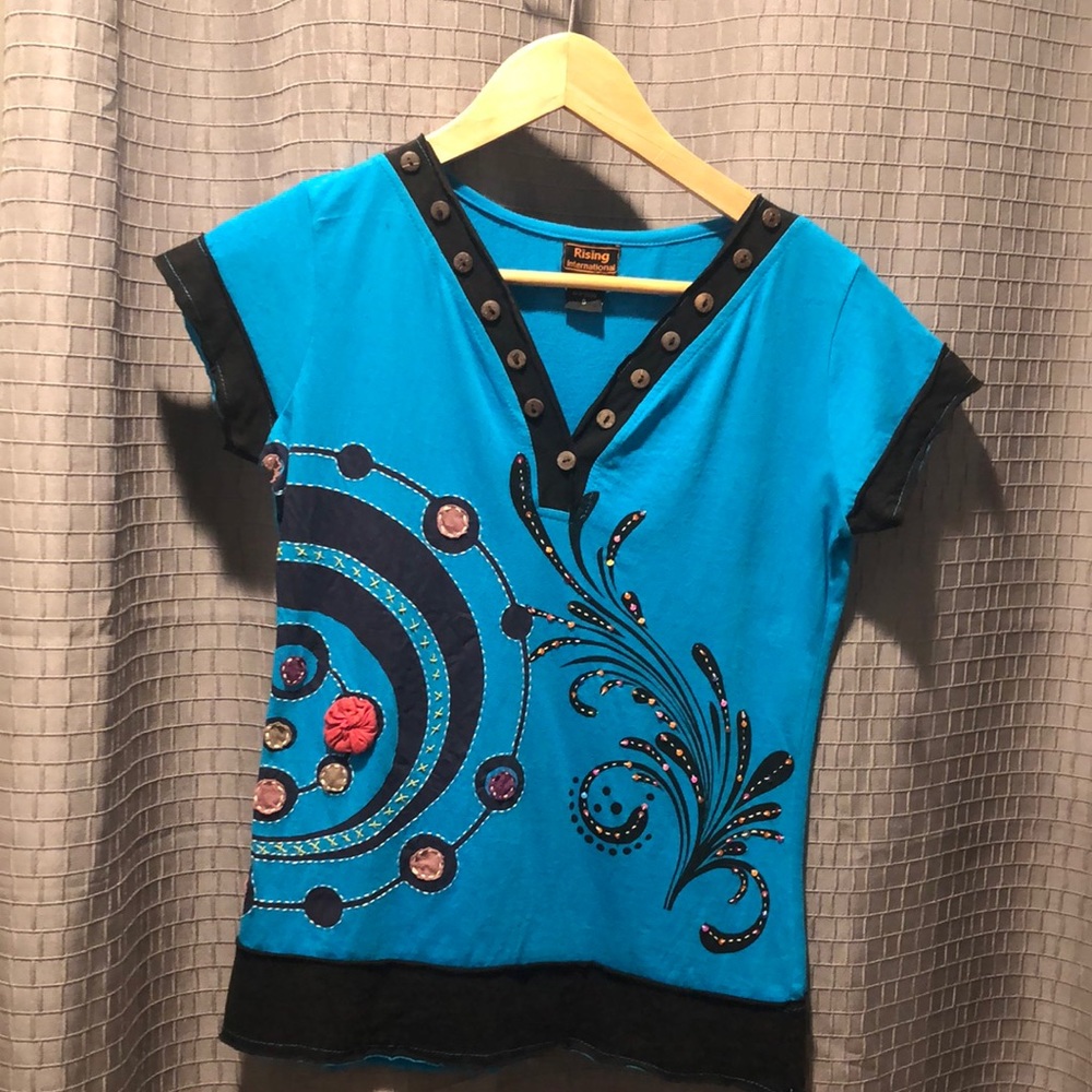 Fun summer top with stitch, button, sequin detailing